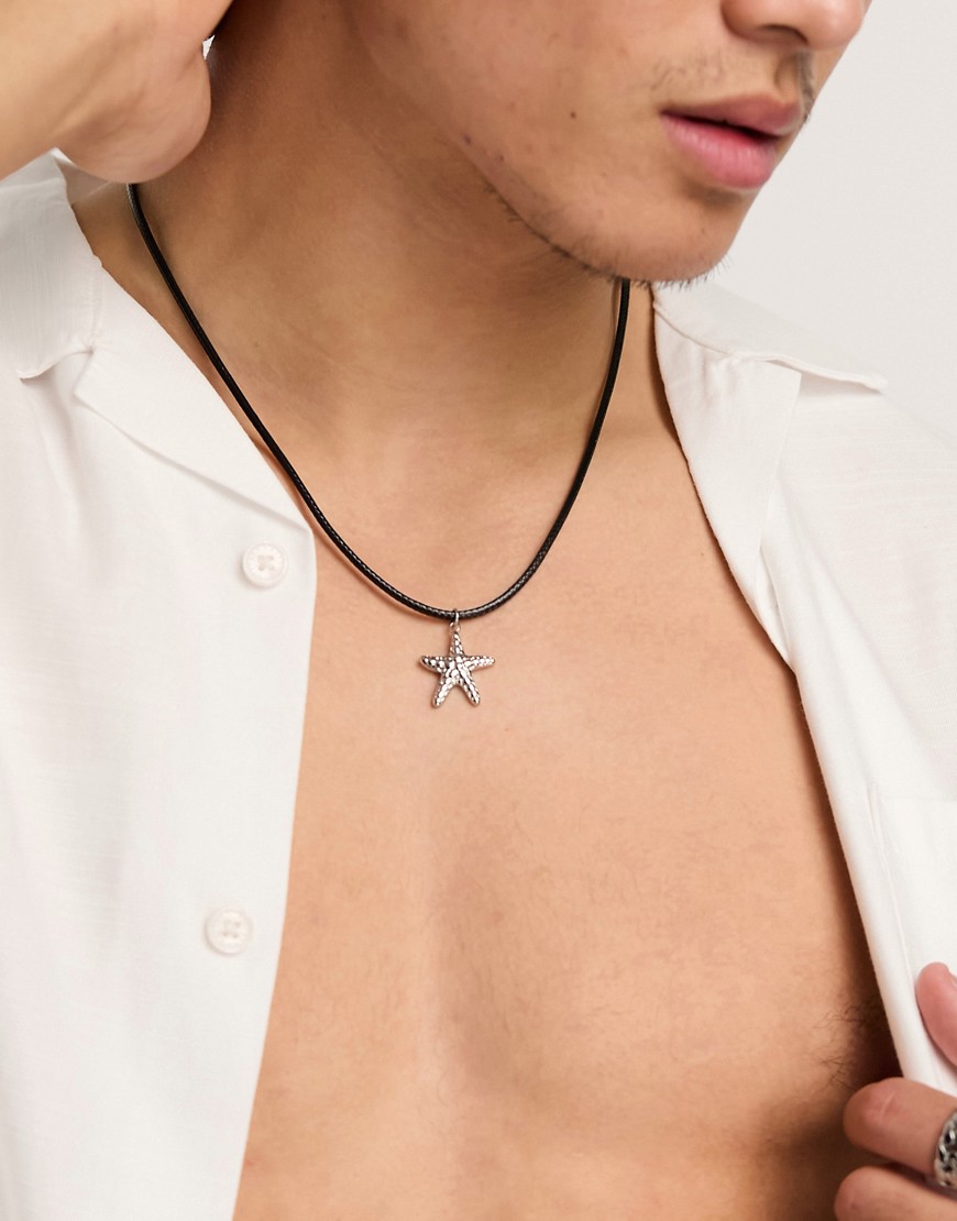 ASOS DESIGN cord necklace with metal starfish pendant in black-Silver