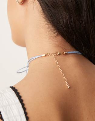 Asos Design Cord Necklace With Pearl Pendant In Blue