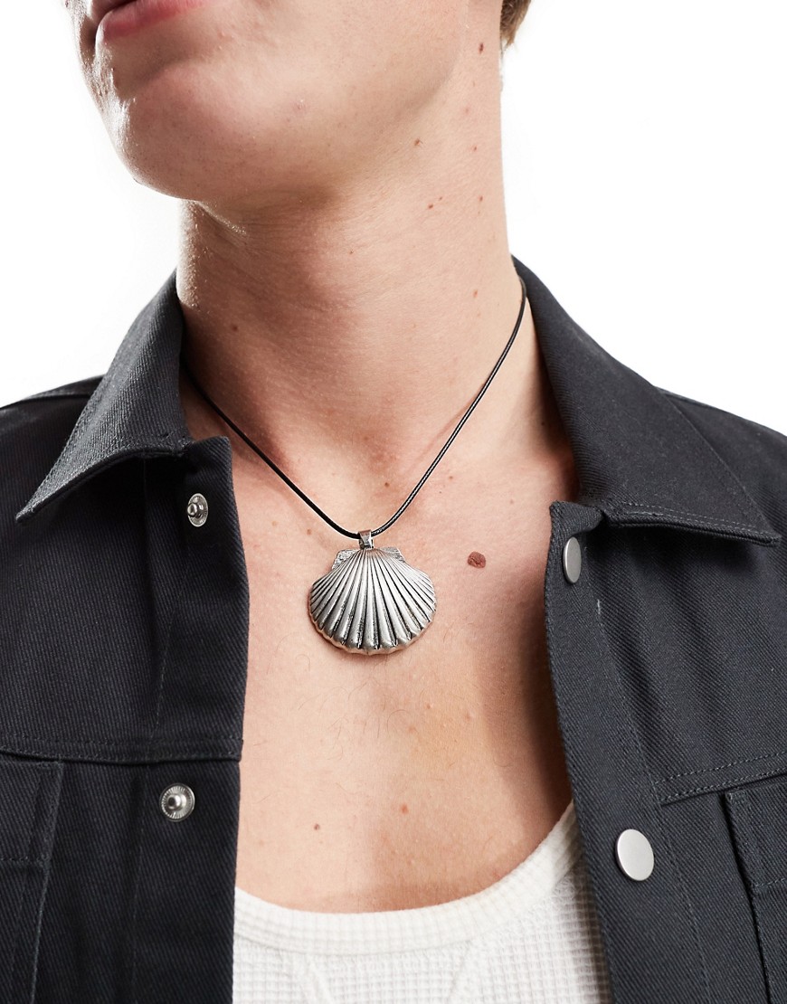 ASOS DESIGN cord necklace with shell pendant in silver tone