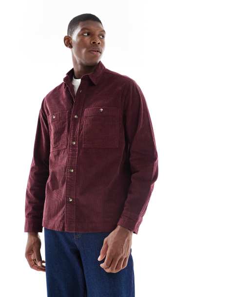 ASOS DESIGN cord overshirt in burgundy - view 1