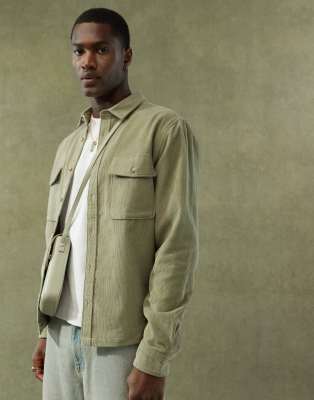 Asos Design Cord Overshirt In Khaki-green