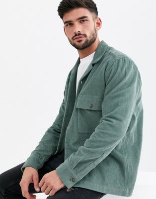 ASOS DESIGN cord overshirt in mint green with revere collar