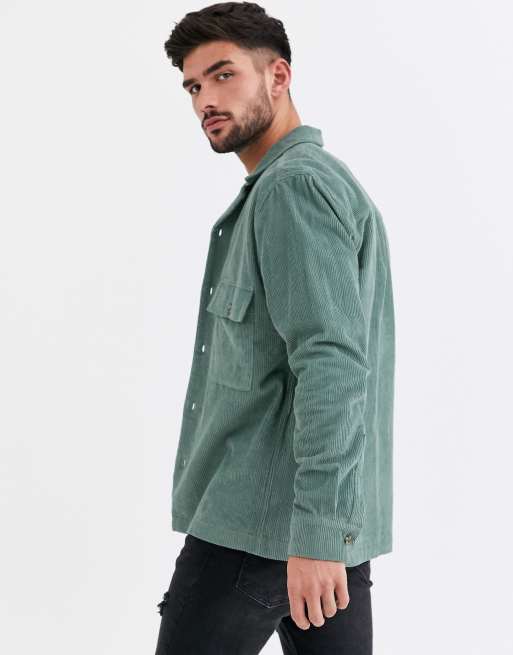 ASOS DESIGN cord overshirt in mint green with revere collar