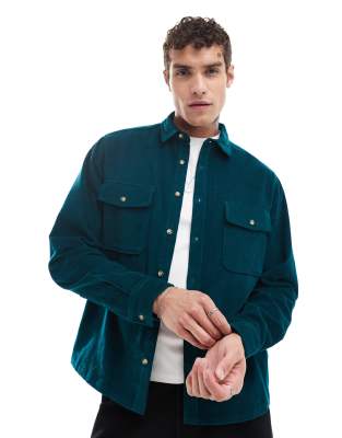 Asos Design Cord Overshirt In Teal-green