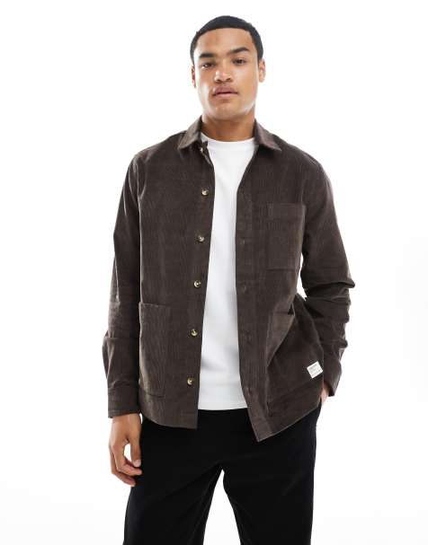 ASOS DESIGN cord overshirt with badge detail in deep brown - view 1