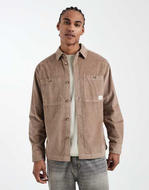 ASOS DESIGN cord overshirt with badge in beige