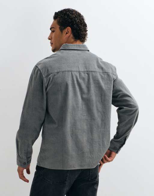 ASOS DESIGN cord overshirt with badge in grey, 3 of 5