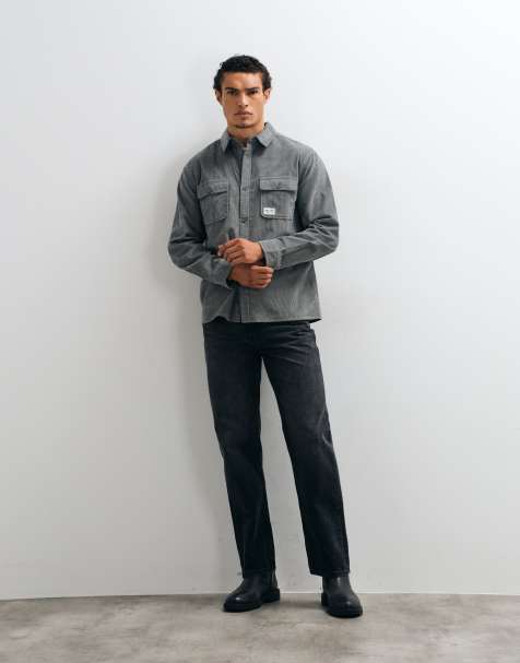 ASOS DESIGN cord overshirt with badge in stone blue - view 1