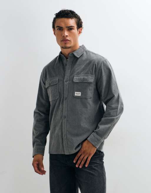 ASOS DESIGN cord overshirt with badge in stone blue, 2 of 5