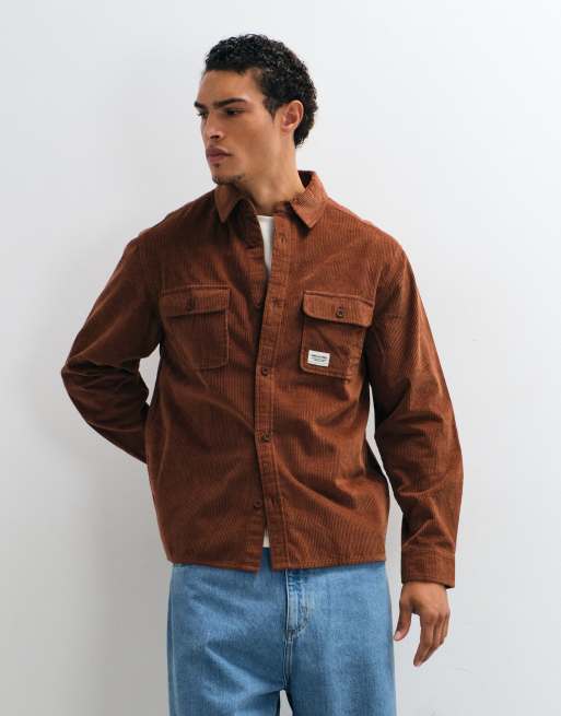 ASOS DESIGN cord overshirt with badge in tan, 2 of 5