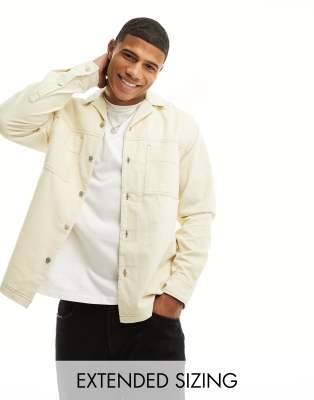 ASOS DESIGN cord overshirt with patch pockets in ecru-White