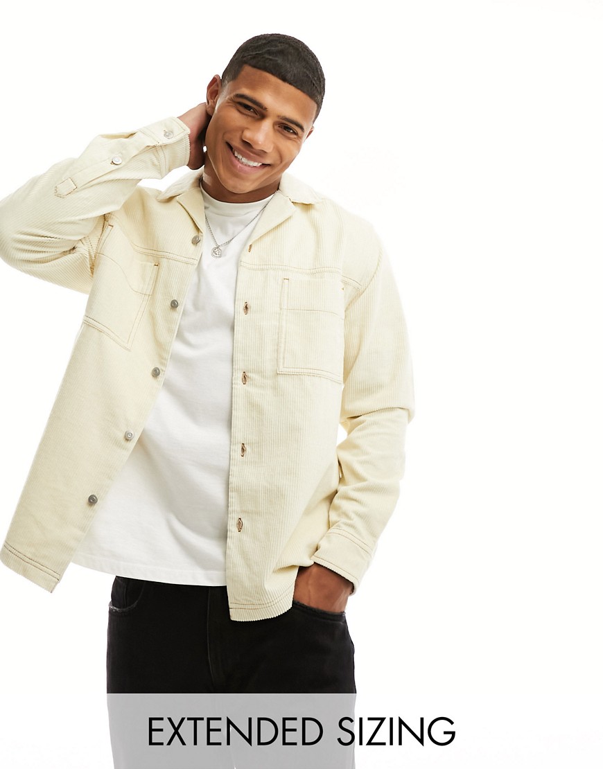 ASOS DESIGN cord overshirt with patch pockets in ecru-White