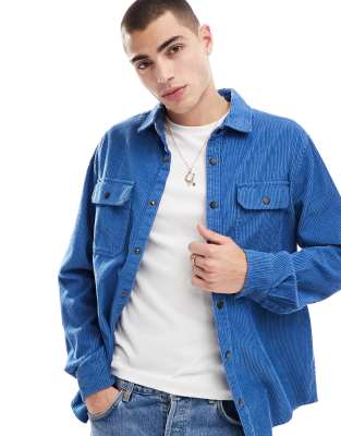 ASOS DESIGN cord overshirt with poppers in blue-Navy