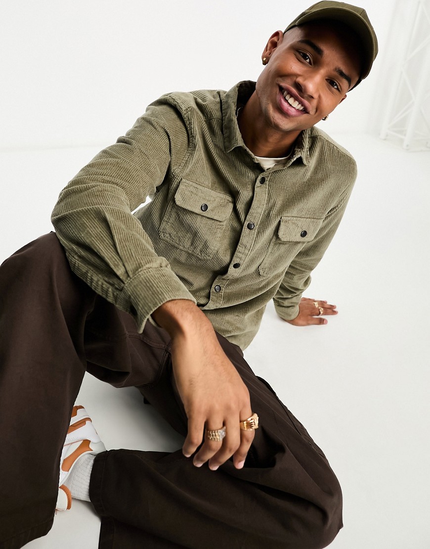 ASOS DESIGN cord overshirt with poppers in khaki-Green