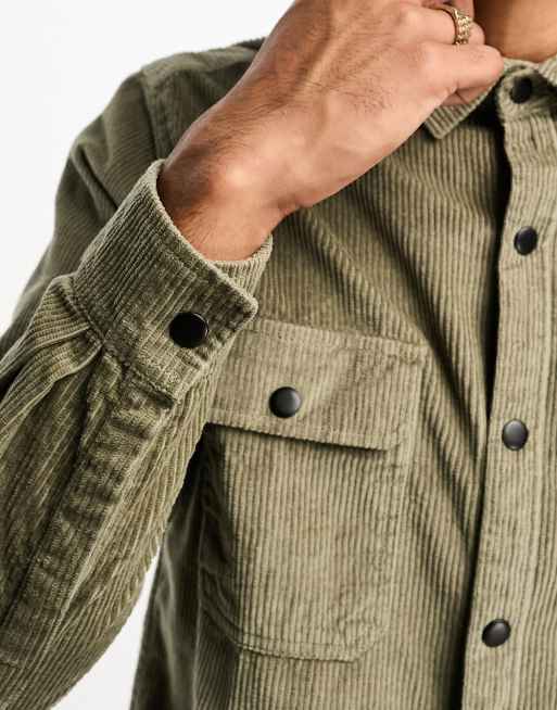 ASOS DESIGN cord overshirt with poppers in khaki | ASOS