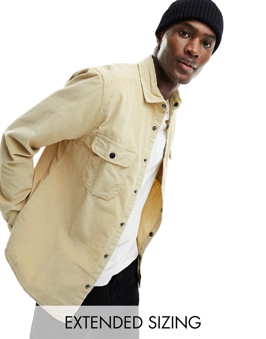 ASOS DESIGN cord overshirt with poppers in stone-Neutral