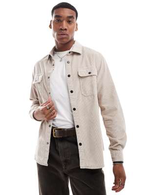 ASOS DESIGN cord overshirt with poppers in stone-Neutral