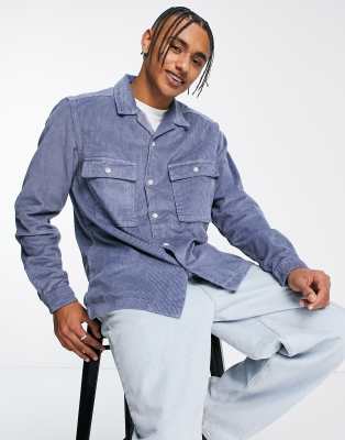 ASOS DESIGN cord overshirt with revere collar in blue-Brown