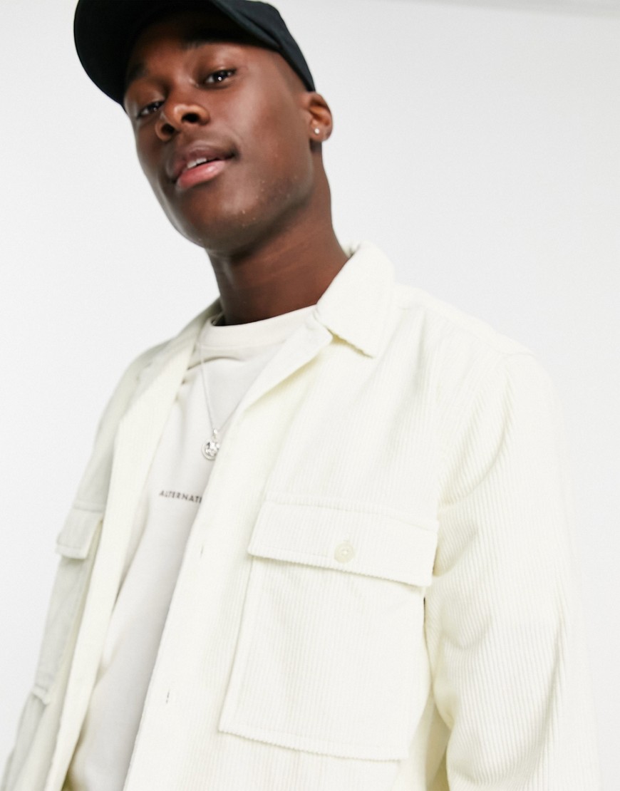 ASOS DESIGN cord overshirt with revere collar in cream-Brown