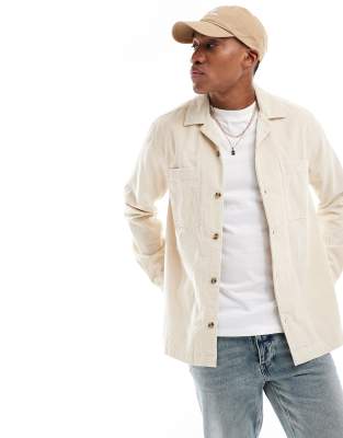 ASOS DESIGN cord overshirt with revere collar in ecru-White