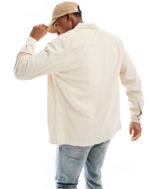 ASOS DESIGN cord overshirt with revere collar in ecru