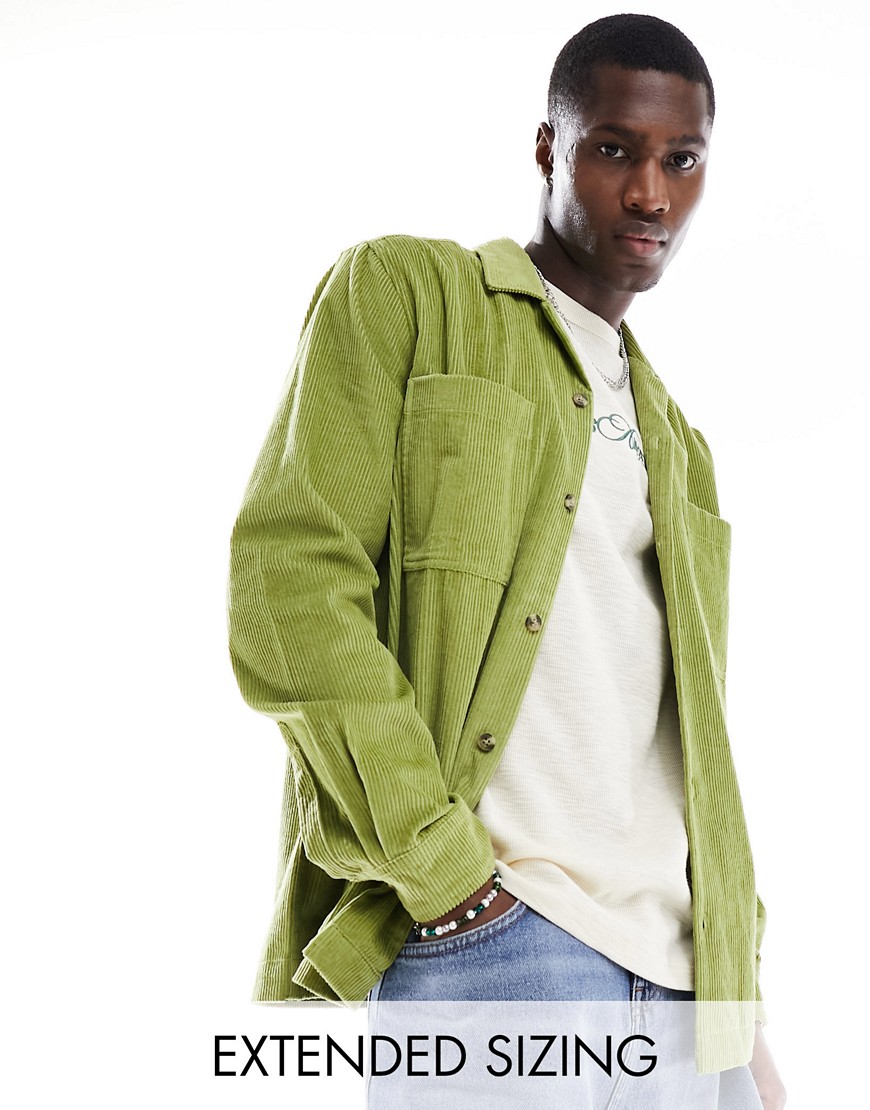Asos Design Cord Overshirt With Revere Collar In Green