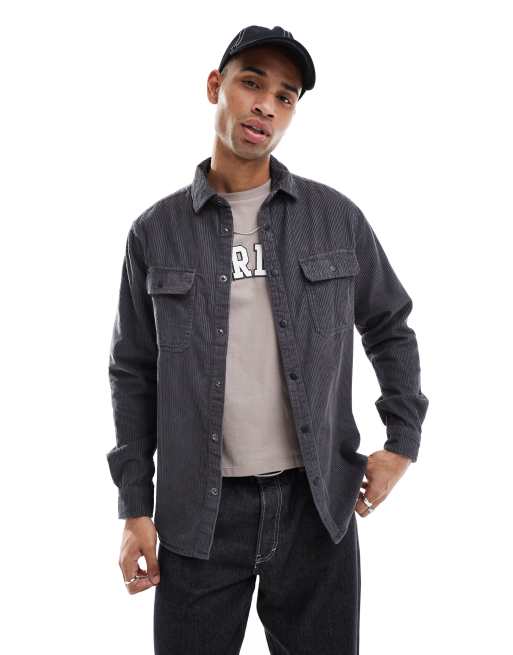 ASOS DESIGN cord overshirt with snaps in slate gray