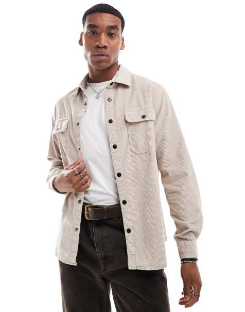 ASOS DESIGN cord overshirt with snaps in stone - view 1