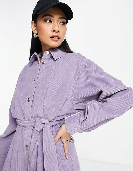 Women Cord oversized belted dress in lavender 