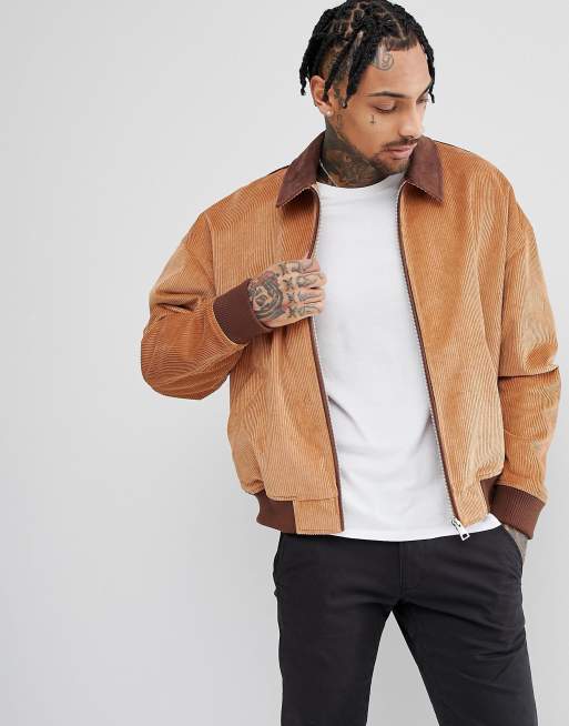 ASOS DESIGN cord oversized harrington jacket with faux suede collar in tan