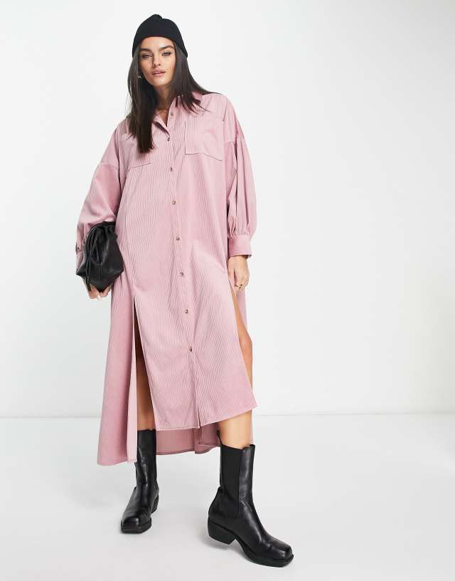 ASOS DESIGN cord oversized maxi shirt dress with slits in pink