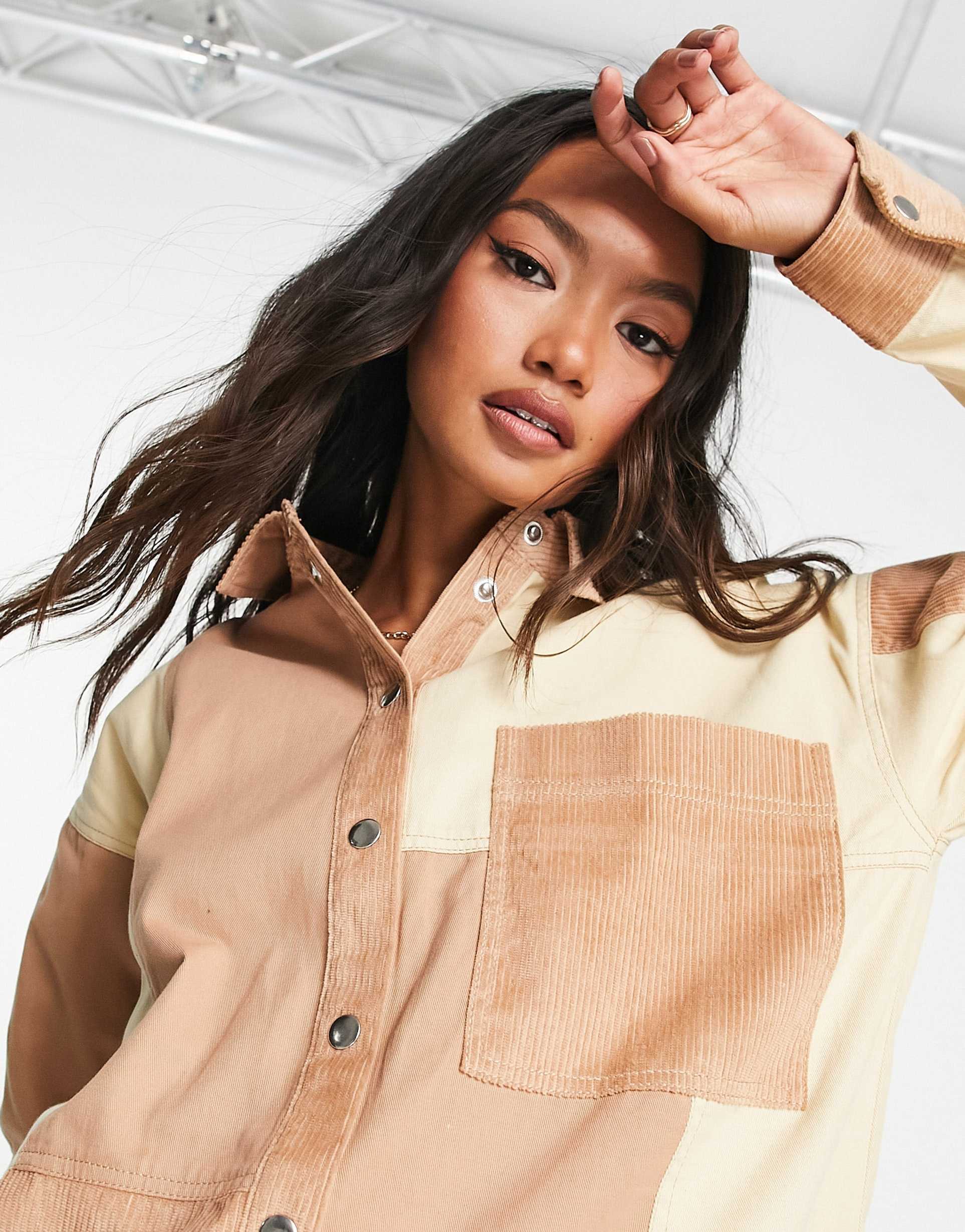 ASOS DESIGN cord oversized mini shirt dress in patchwork beige tones view 4