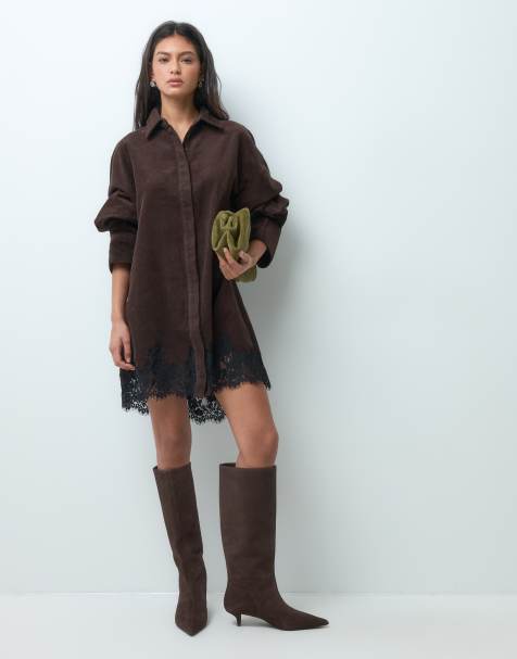 ASOS DESIGN cord oversized mini shirt dress with lace hem in chocolate - view 1