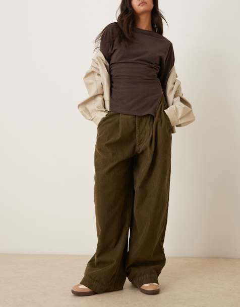 ASOS DESIGN cord oversized pleated barrel jean in khaki