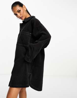 Asos Design Cord Oversized Shirt Dress In Charcoal-gray