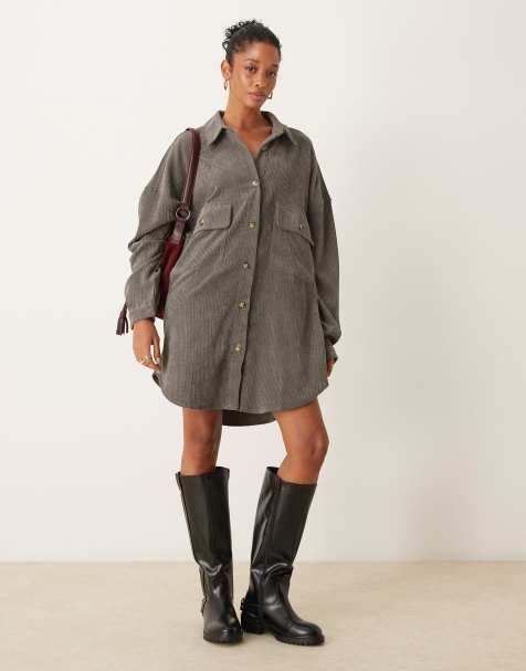 ASOS DESIGN cord oversized shirt dress with drop pocket in charcoal - view 1
