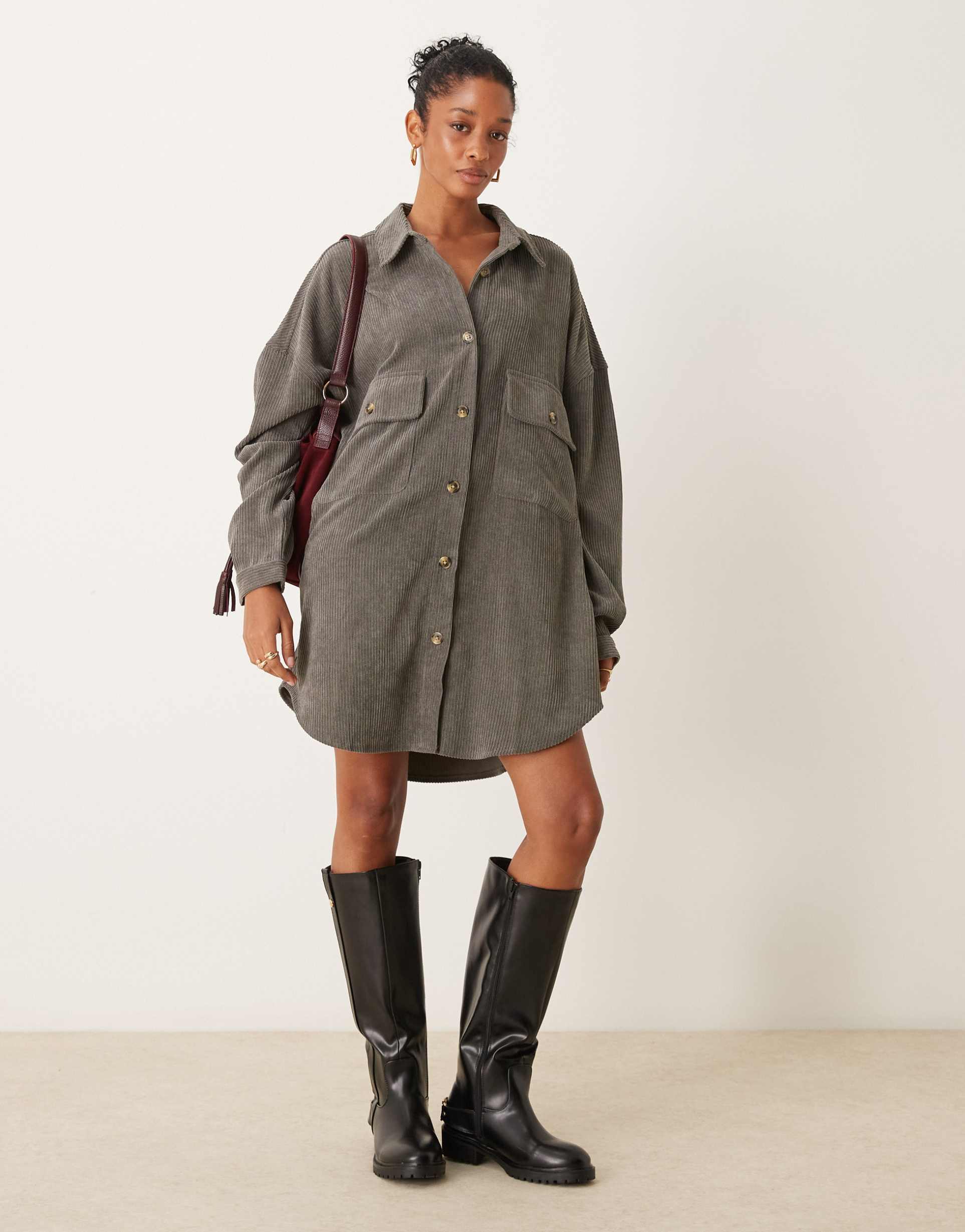 asos design cord oversized shirt dress with drop pocket in charcoal