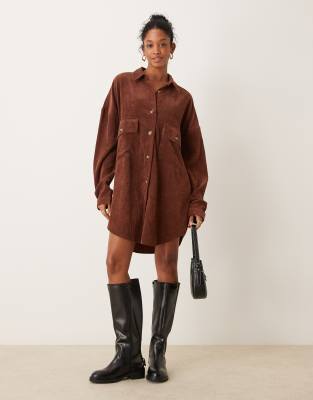 cord oversized shirt dress with drop pocket in chocolate-Brown