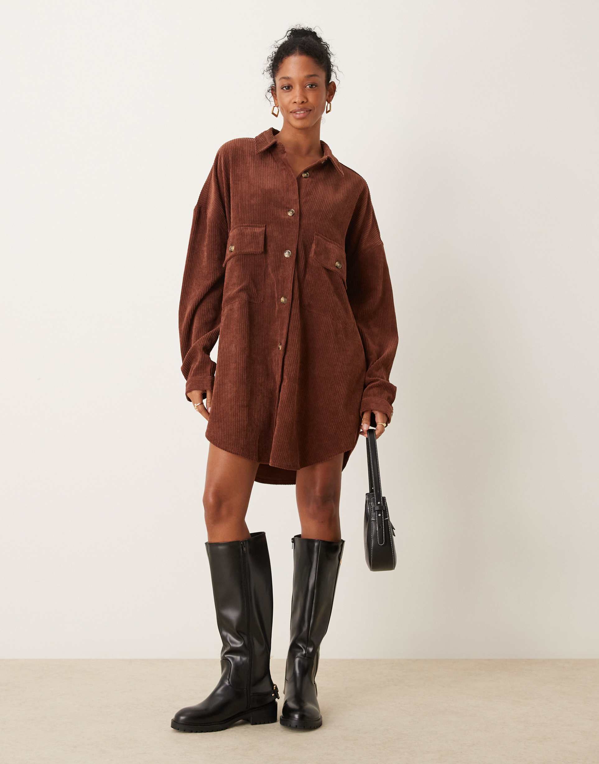 asos design cord oversized shirt dress with drop pocket in chocolate