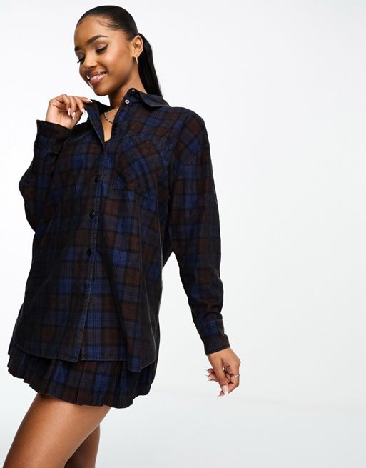 ASOS DESIGN cord oversized shirt in brown and blue check co-ord | ASOS