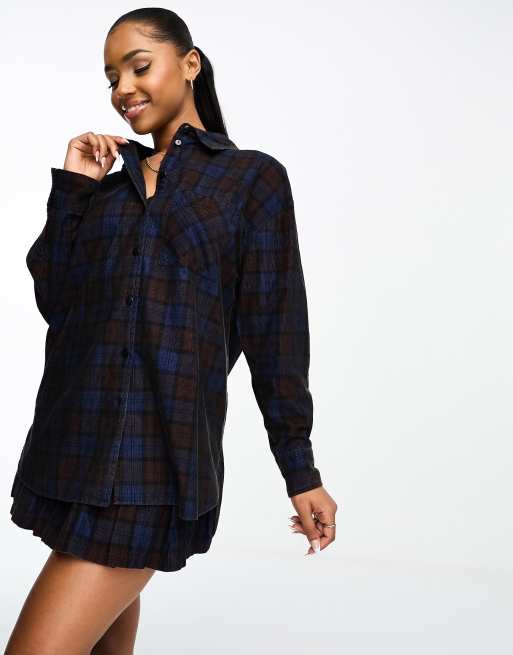 ASOS DESIGN cord oversized shirt in brown and blue check co-ord | ASOS