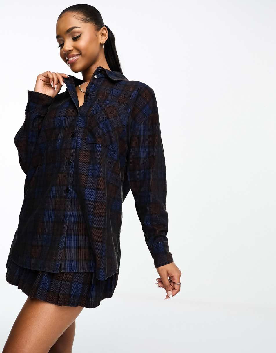ASOS DESIGN cord pleated mini skirt in brown and blue check co-ord 0