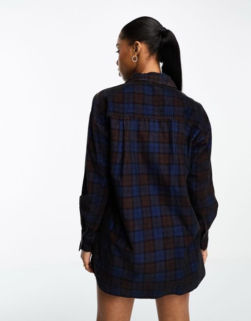 ASOS DESIGN cord oversized shirt in brown and blue check - part of a set