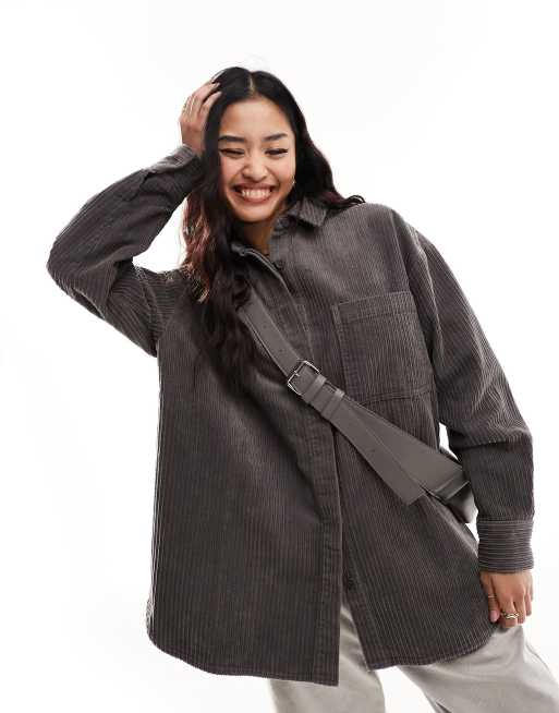 ASOS DESIGN cord oversized shirt in gray