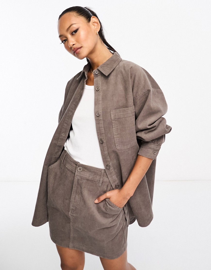 Asos Design Cord Oversized Shirt In Taupe-gray