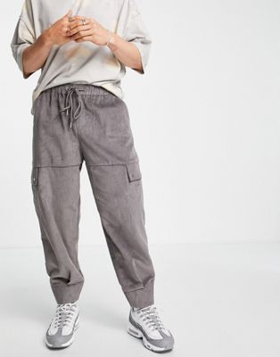 ASOS DESIGN cord oversized tapered cargo trousers in grey