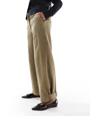 cord pants with seam and tab detailing in khaki-Green