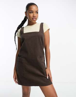 Asos Design Cord Pinny Dress In Chocolate-brown