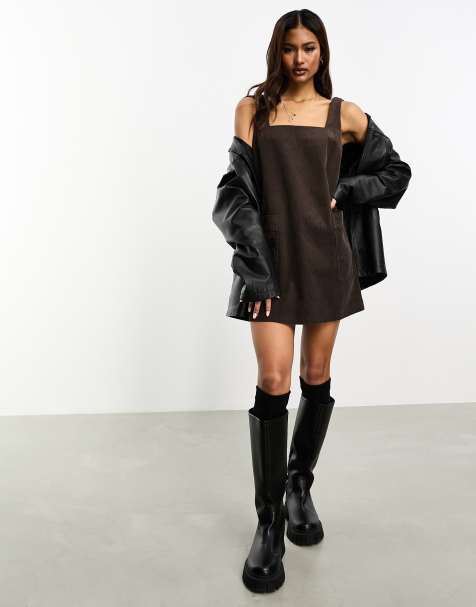 ASOS DESIGN cord pinny dress in chocolate