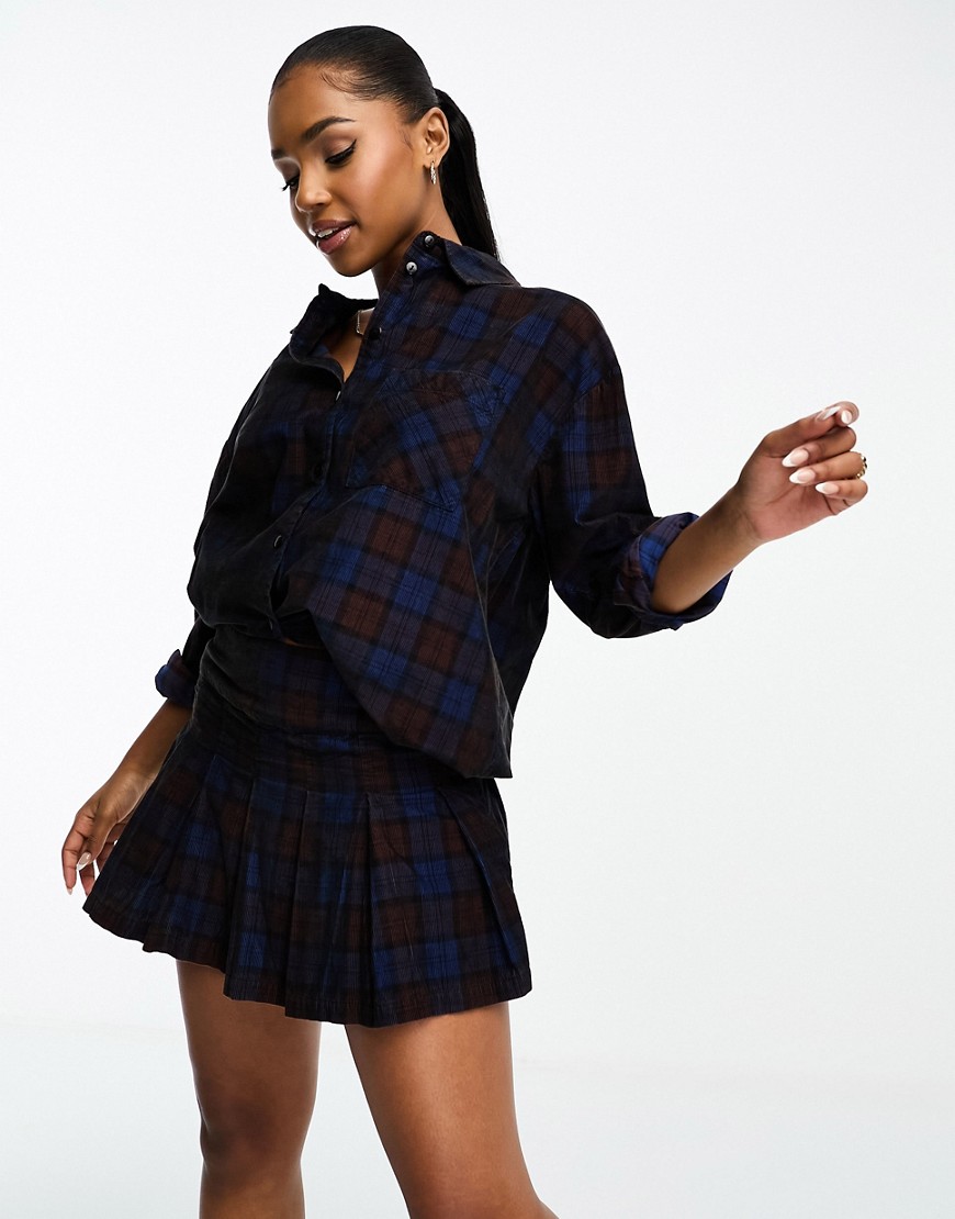 Asos Design Cord Pleated Mini Skirt In Brown And Blue Check - Part Of A Set